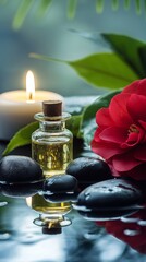 Spa arrangement with red camellia, essential oil, black stones, green leaves, and candle