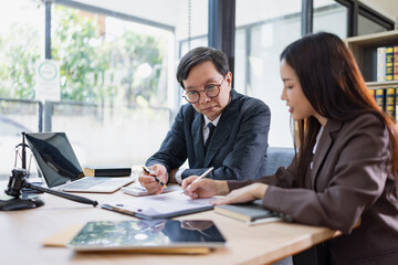 Lawyer or judge consult, Businessman and woman lawyers discussing about contract and agreement concept.