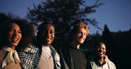 Travel, friends and people together at night for holiday adventure, sightseeing nature and bonding....