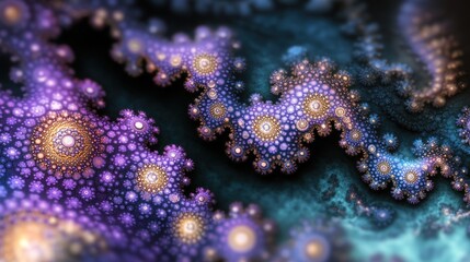 Fototapeta premium Abstract fractal design with swirling patterns of vivid purple, gold, and teal colors; intricate details of organic shapes, reminiscent of coral, with glowing, dotted structures.