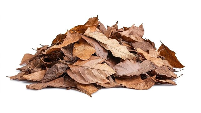 A pile of dry, brown leaves isolated on a white background with a clipping path.