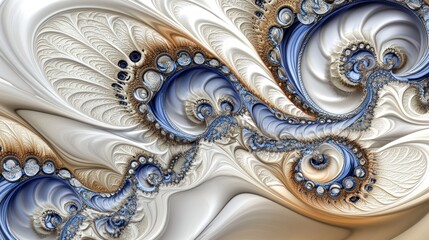 Abstract fractal swirls of creamy white, beige, and periwinkle blue with intricate patterns.