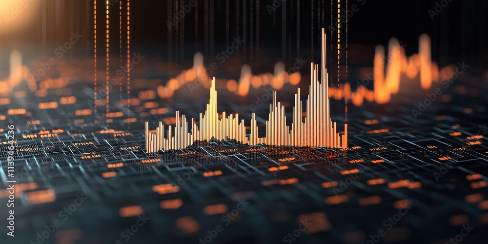 Poster a dynamic visualization of sound waves and data, showcasing vibrant spikes on a digital backdrop, sy