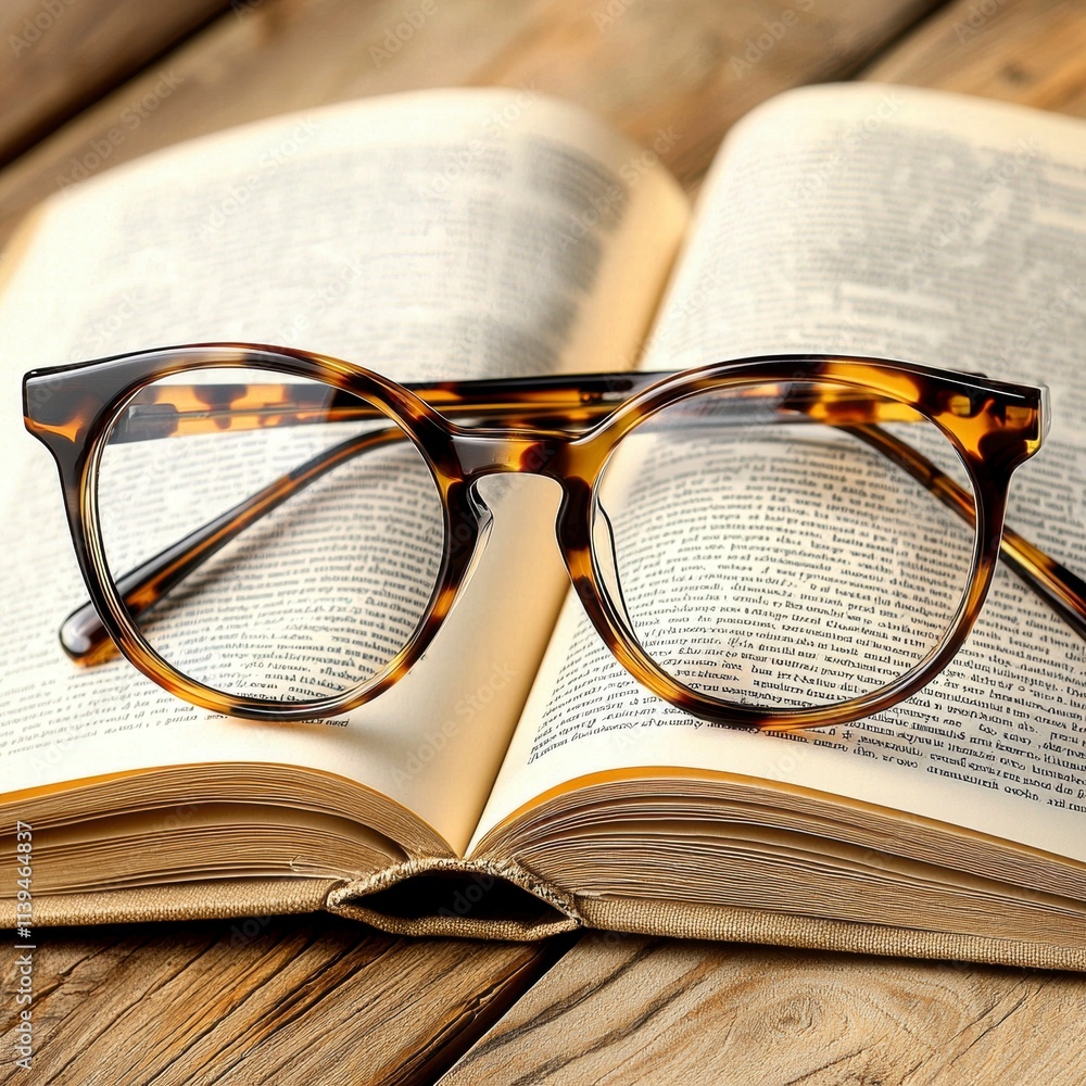 Poster tortoise shell eyeglasses resting on open book