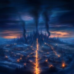 Fototapeta premium Dark Cityscape A Futuristic Metropolis Under a Smoky Sky
