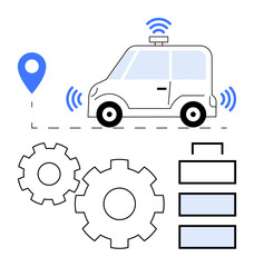 Smart car emitting wireless signals, location pin, gears, and battery levels. Ideal for autonomous driving, IoT, navigation, technology automation telematics battery life. Line metaphor