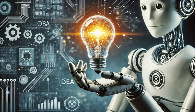 Robot holding a glowing light bulb symbolizing innovation, technology, and future ideas