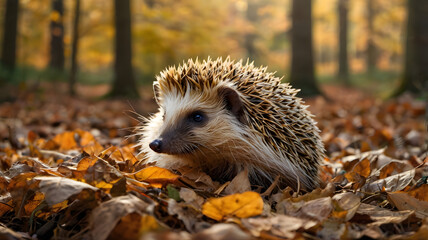 Fototapeta premium Hedgehog in Autumn Leaves: A solitary hedgehog, with its spiky coat and curious gaze, navigates a bed of fallen leaves. The warm hues of autumn create a serene and cozy atmosphere. 