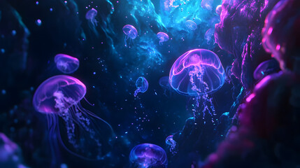 A group of jellyfish in a dark blue ocean. The jellyfish are purple and are floating in the water