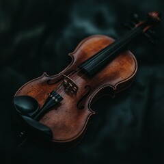 Fototapeta premium Darkly Lit Violin Resting on Fabric Surface
