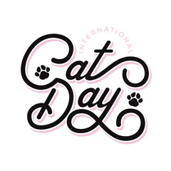 Cat Day calligraphy logo design. Dog foot silhouette vector icon. International cat day poster, banner, sticker, label, badge.