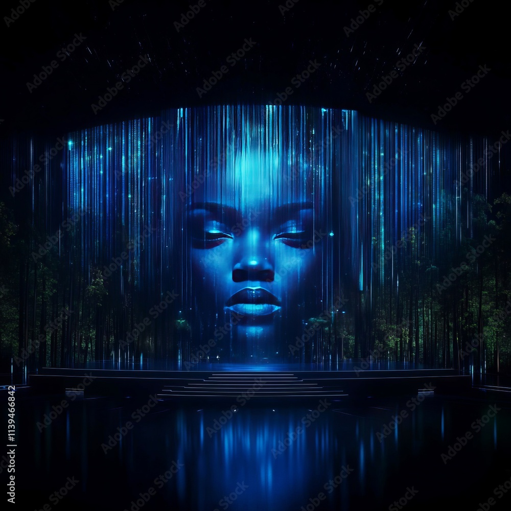 Poster digital face projection in forest setting stage design
