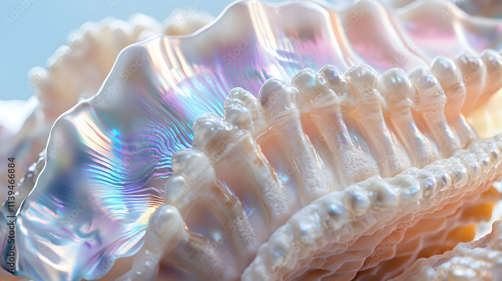 Poster a macro shot of a seashell's intricate iridescent details, highlighting its natural textures and vib