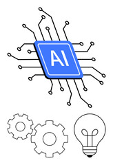 Microchip with AI label connected by circuit lines, gears and lightbulb. Ideal for technology, innovation, AI development, automation, software engineering, machine learning, digital transformation