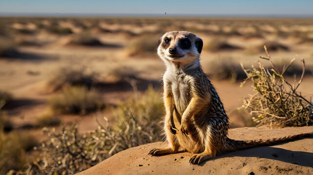 Curious Meerkat in the Desert: A lone meerkat stands tall, its inquisitive gaze fixed on the distant horizon, showcasing the animal's adaptability and resilience in the harsh desert landscape.  