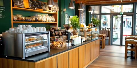 A cozy caf? interior featuring adjustable lighting that creates a warm and inviting atmosphere for guests.