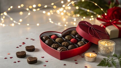 Chocolate truffles in heart shaped box arranged on romantic background for Valentine's Day