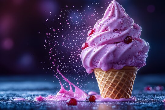 A pink ice cream cone with pink sprinkles on top