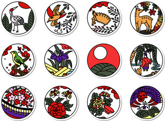 12種類のステッカーシンプル円形花札アイコンセット