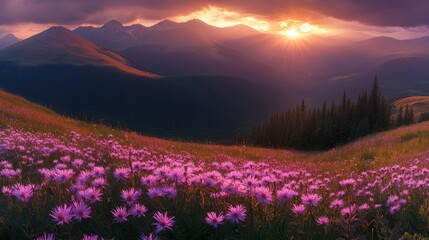 A breathtaking landscape at sunset, featuring a vibrant field of flowers and distant mountains.