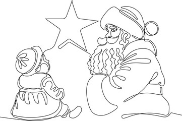 One continuous line drawing Santa Claus on reindeer and sled. concept for Christmas and New Year. vector illustration. Vector illustration