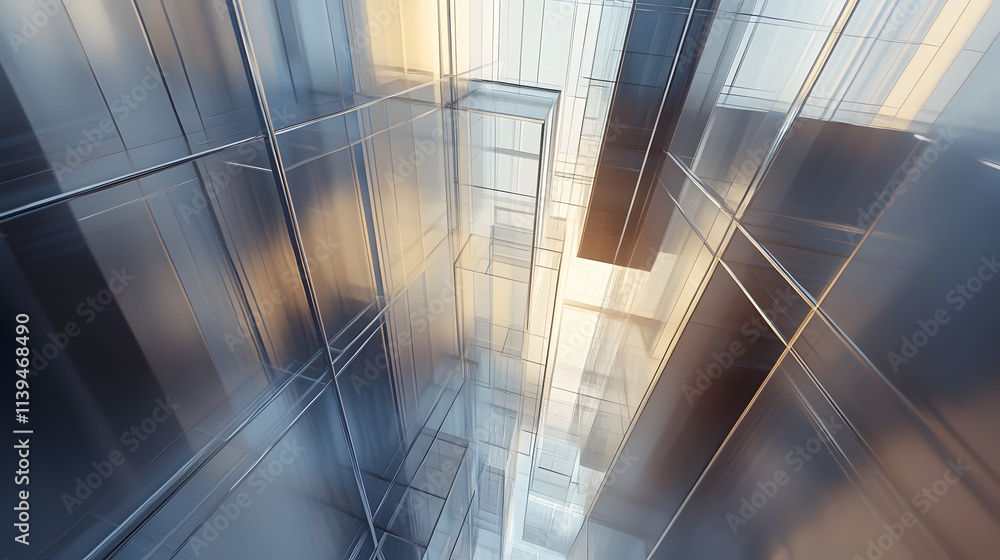 Poster a futuristic abstract composition of a glass building, showcasing layered reflections and soft light
