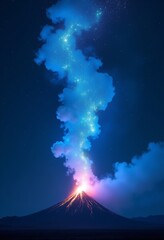 Fototapeta premium Mystical Volcano Eruption with Ethereal Blue Flames Rising into the Night, Forming Intricate Stardust Patterns in the Sky 
