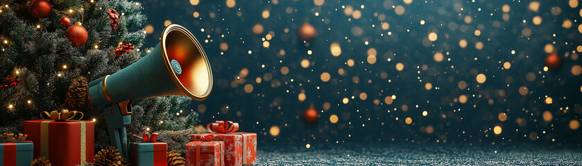 Megaphone leaning against a decorated Christmas tree, with twinkling lights and gifts