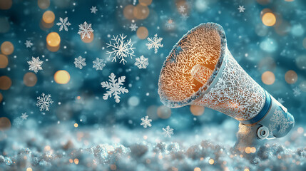 Megaphone with intricate snowflakes swirling around it, set against a soft bokeh background