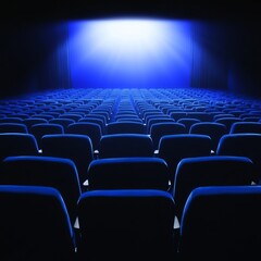 Fototapeta premium Empty Blue Cinema Seats Awaiting Audience in Dark Theater