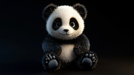 A cute cartoon panda with big eyes stands in a blurred, outdoor setting.