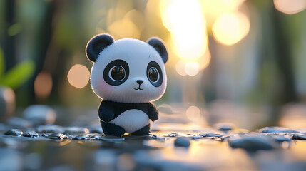 A cute cartoon panda with big eyes stands in a blurred, outdoor setting.