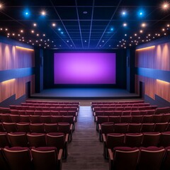 Fototapeta premium Empty Modern Movie Theater with Purple Screen Showing