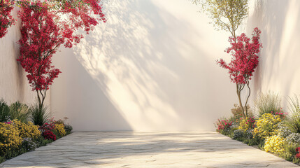 Serene garden pathway adorned with vibrant flowers and gentle sunlight in the afternoon