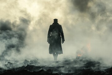 Obraz premium Solitary Figure in a Smoky Battlefield