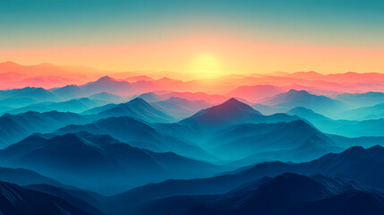 Obraz premium Stunning sunrise over a misty mountain range with vibrant colors and soft hues