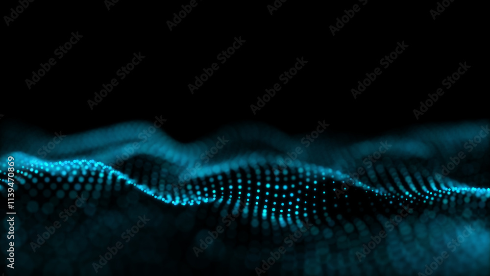 Aufkleber blue glowing circles particles wave at the bottom on a black abstract background, bokeh effect, hori