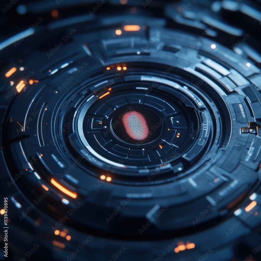 Poster close-up of a futuristic fingerprint scanner, showcasing intricate patterns and glowing blue and ora