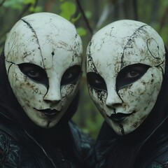 Enigmatic Masked Figures in a Forest Setting