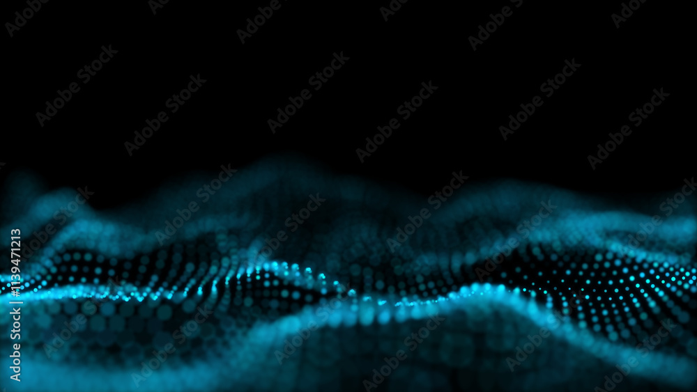 Poster blue glowing circles particles wave at the bottom on a black abstract background, bokeh effect, hori