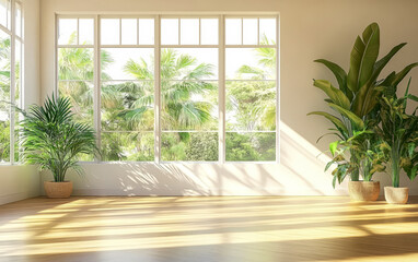 Bright and airy indoor space with large windows and lush green plants