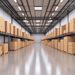 Fototapeta premium Expansive Warehouse Interior with Stacked Cardboard Boxes