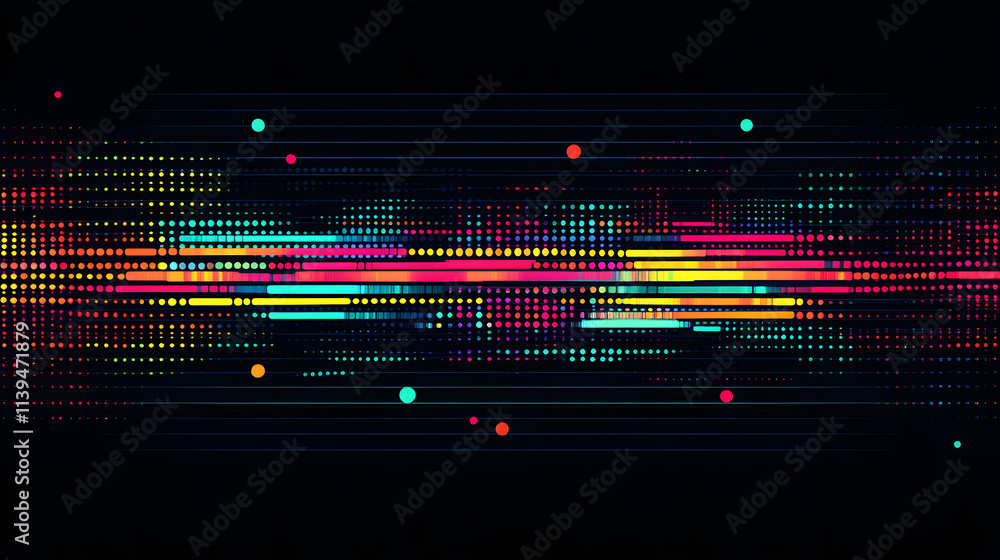 Poster a sleek digital composition with colorful lines and dots on a black background, creating a futuristi