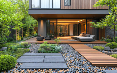 Modern garden design enhances contemporary home with natural greenery and tranquility