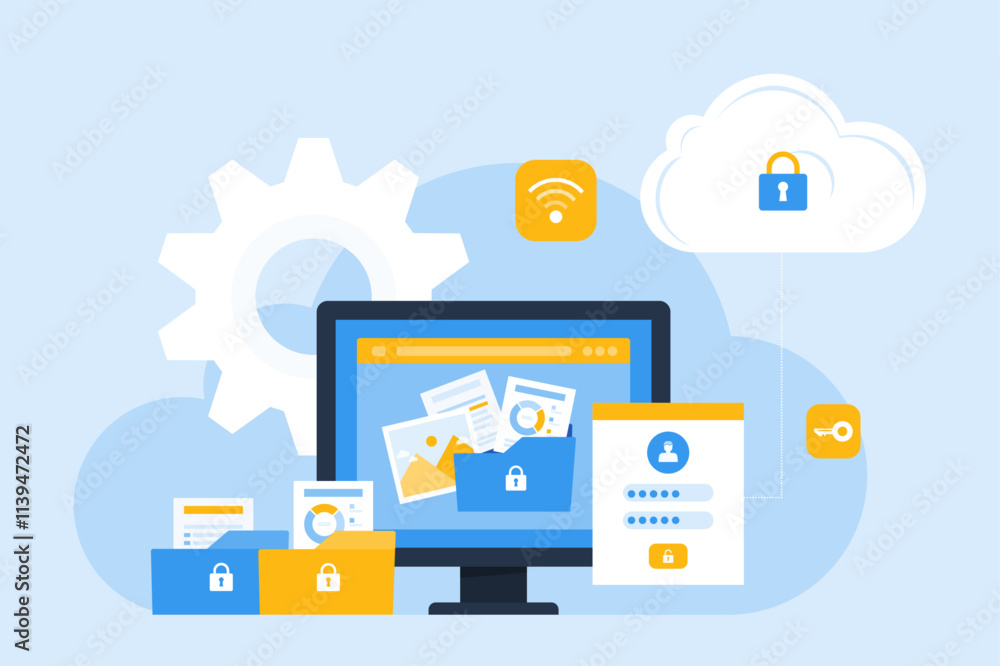 Poster technology cloud storage backup. business cloud computing and datacenter security concept. with administrator and developer team. flat vector illustration design.
