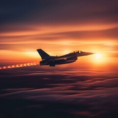 Fighter jet soars through sky sunset leaving trail light behind it sun sets background