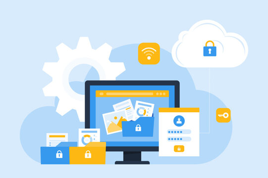 technology cloud storage backup. business cloud computing and datacenter security concept. with administrator and developer team. flat vector illustration design.
