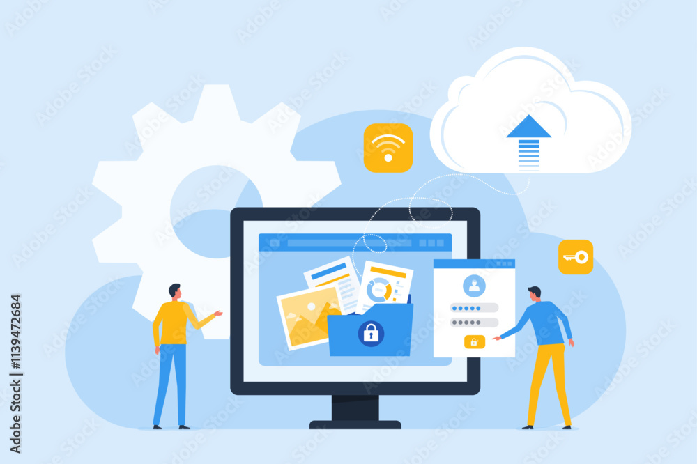 Aufkleber technology cloud storage backup. business cloud computing and datacenter security concept. with administrator and developer team. flat vector illustration design.
