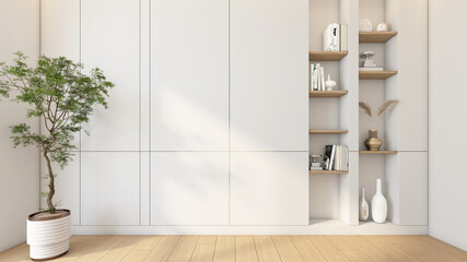 Modern Japanese-style empty room with wood built-in bookshelf. Wooden floor and white wall. 3d rendering