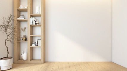 Modern Japanese-style empty room with wood built-in bookshelf. Wooden floor and white wall. 3d rendering